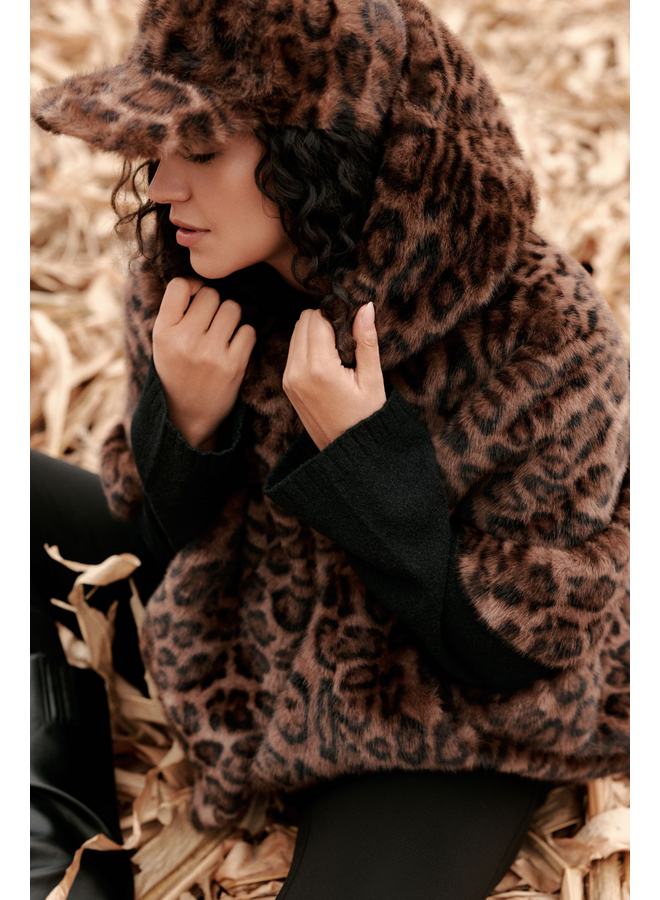 Renuar Leopard Faux Fur Hooded Poncho