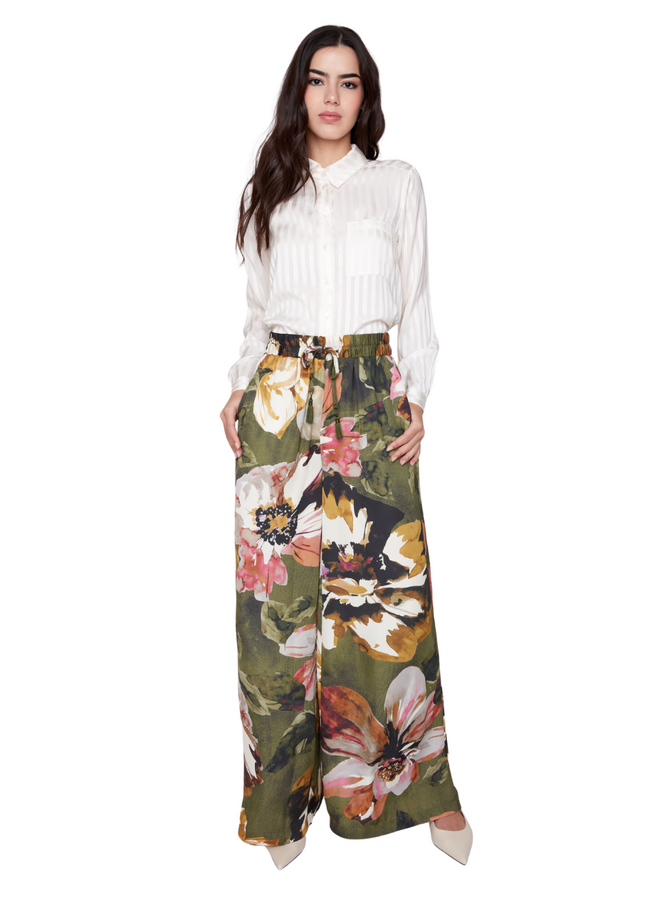 Renuar Satin Peony Wide Leg Pant in Olive