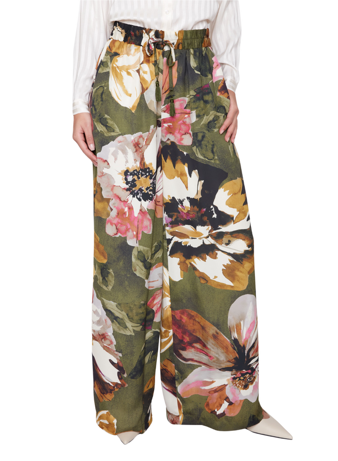 Renuar Satin Peony Wide Leg Pant in Olive
