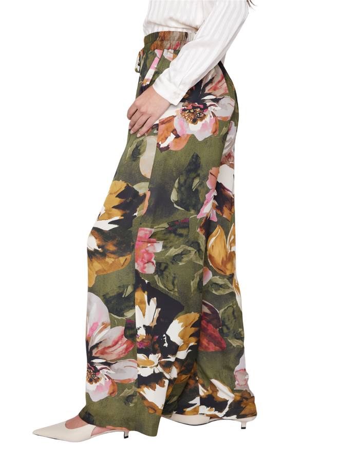 Renuar Satin Peony Wide Leg Pant in Olive