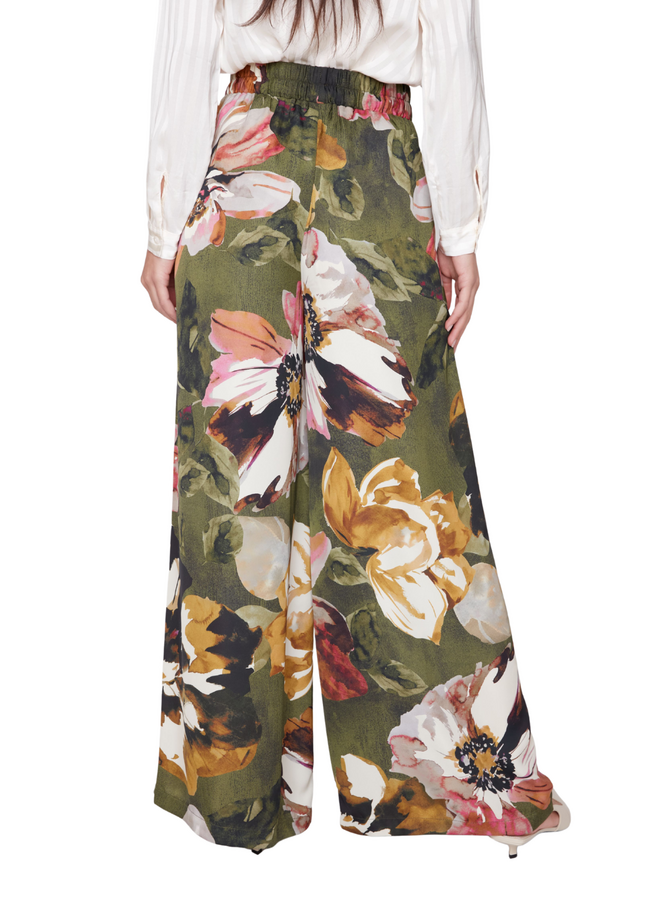 Renuar Satin Peony Wide Leg Pant in Olive