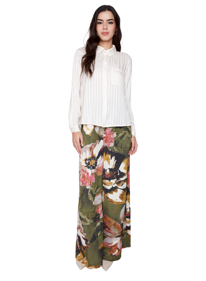 Renuar Satin Peony Wide Leg Pant in Olive