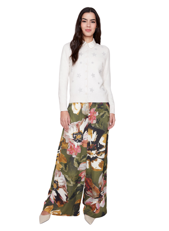 Renuar Satin Peony Wide Leg Pant in Olive