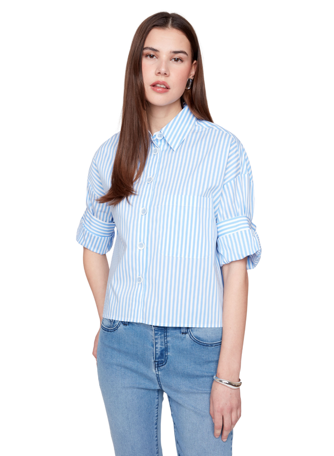 Renuar Double Cuff Stripe Shirt in Blue Combo