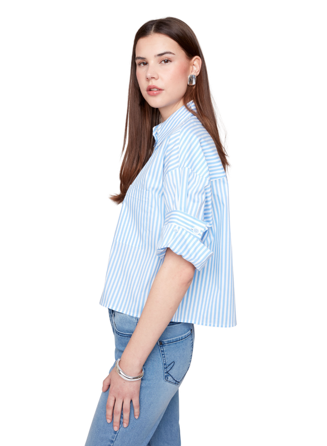 Renuar Double Cuff Stripe Shirt in Blue Combo
