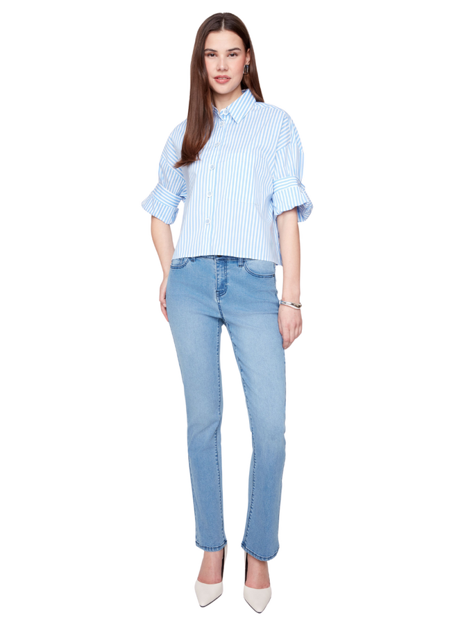 Renuar Double Cuff Stripe Shirt in Blue Combo
