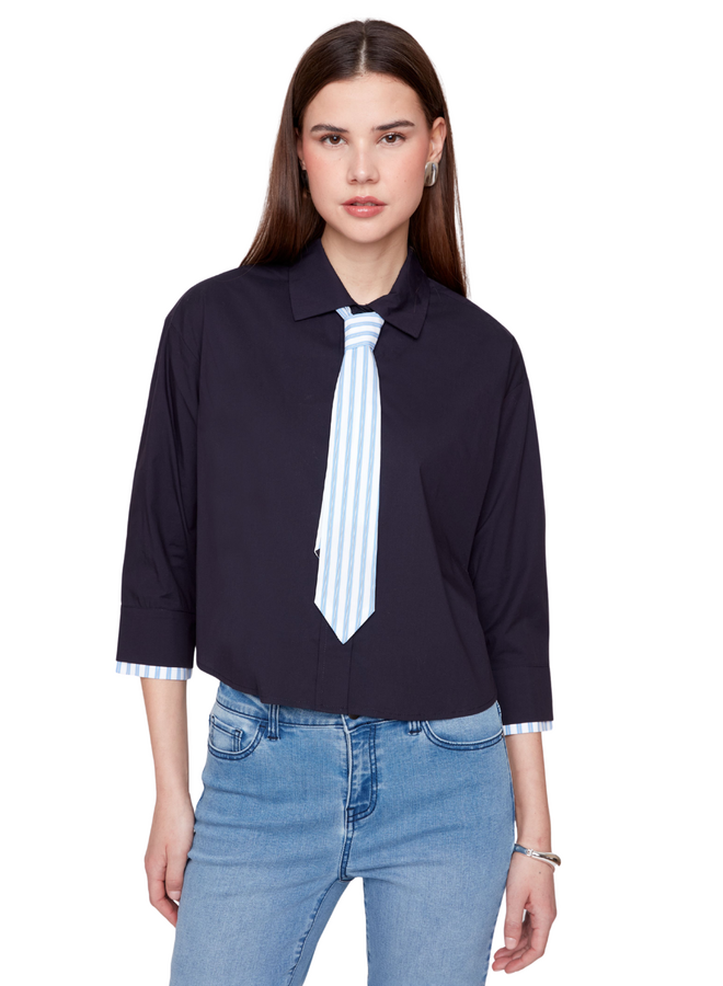 Renuar Stripe Tie Blouse in New Midnight