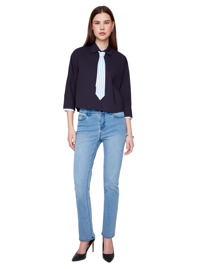 Renuar Stripe Tie Blouse in New Midnight