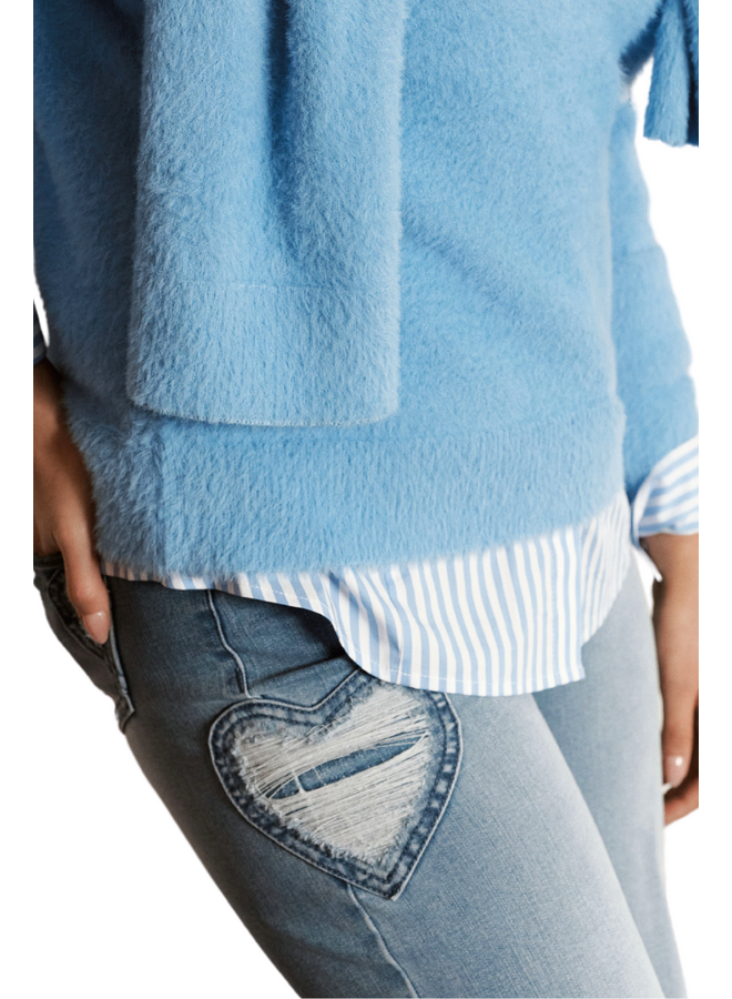 Renuar Cropped Wide Leg Fringed Heart Jean in Blue Wash