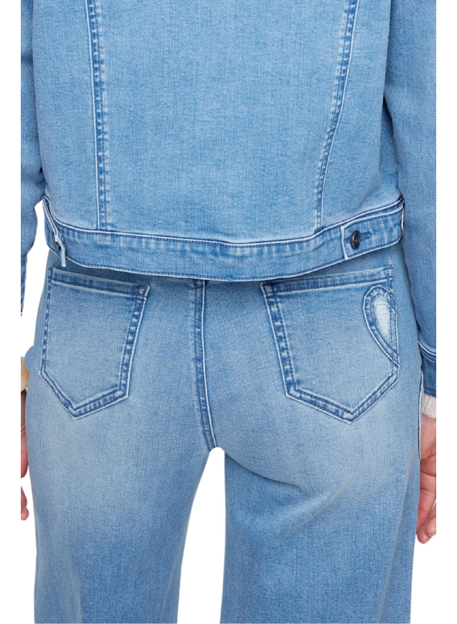 Renuar Cropped Wide Leg Fringed Heart Jean in Blue Wash