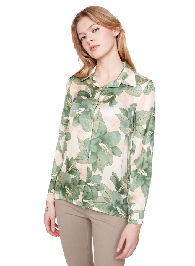 Renuar Lux Satin Floral Blouse in Green