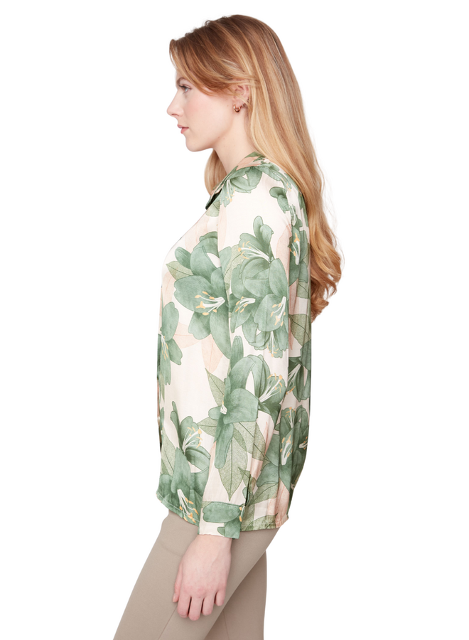 Renuar Lux Satin Floral Blouse in Green