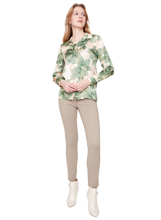 Renuar Lux Satin Floral Blouse in Green
