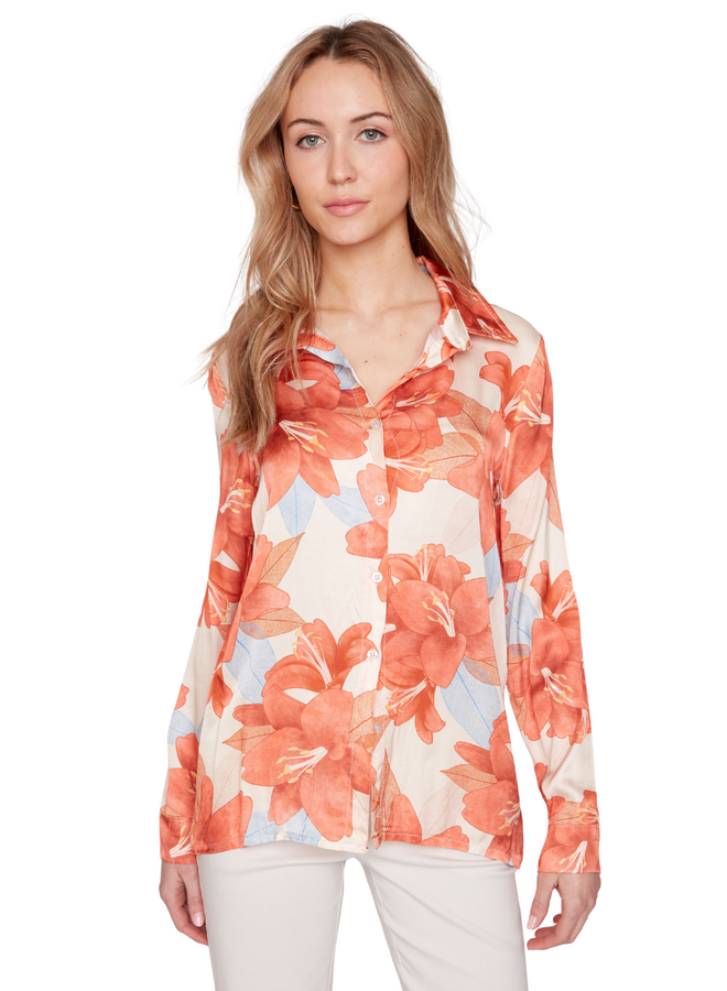Renuar Lux Satin Floral Blouse in Orange