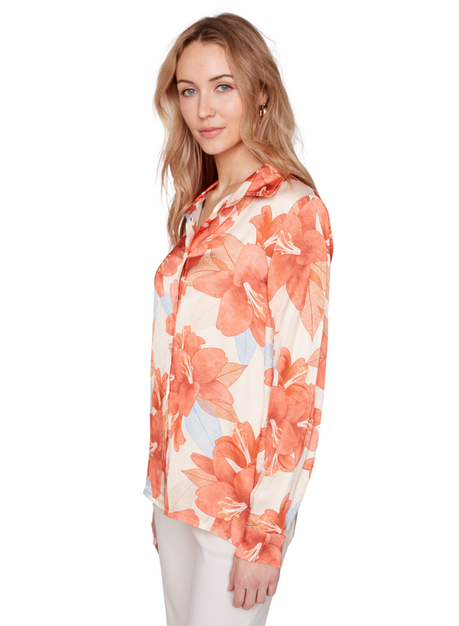 Renuar Lux Satin Floral Blouse in Orange
