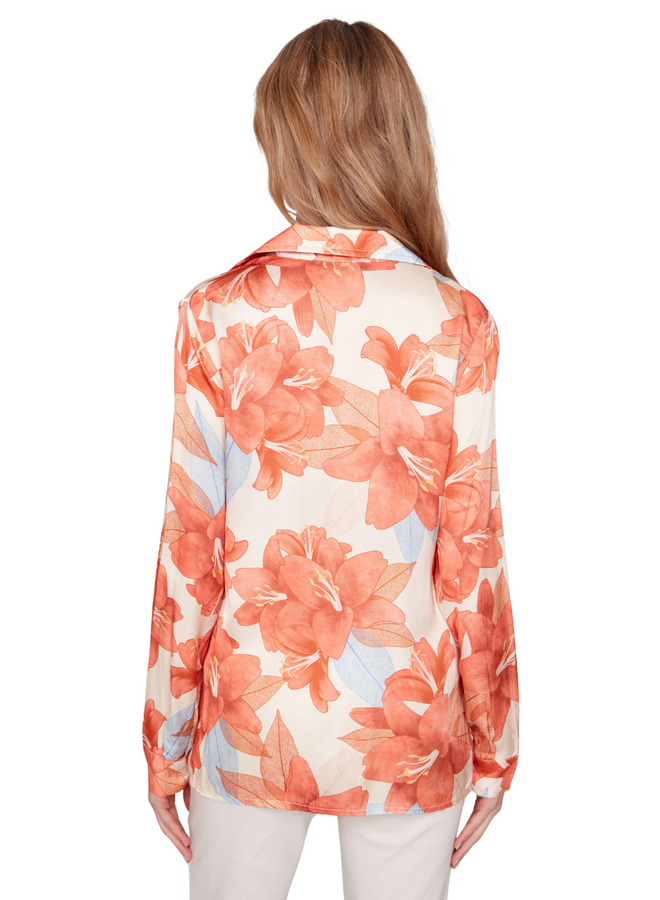 Renuar Lux Satin Floral Blouse in Orange