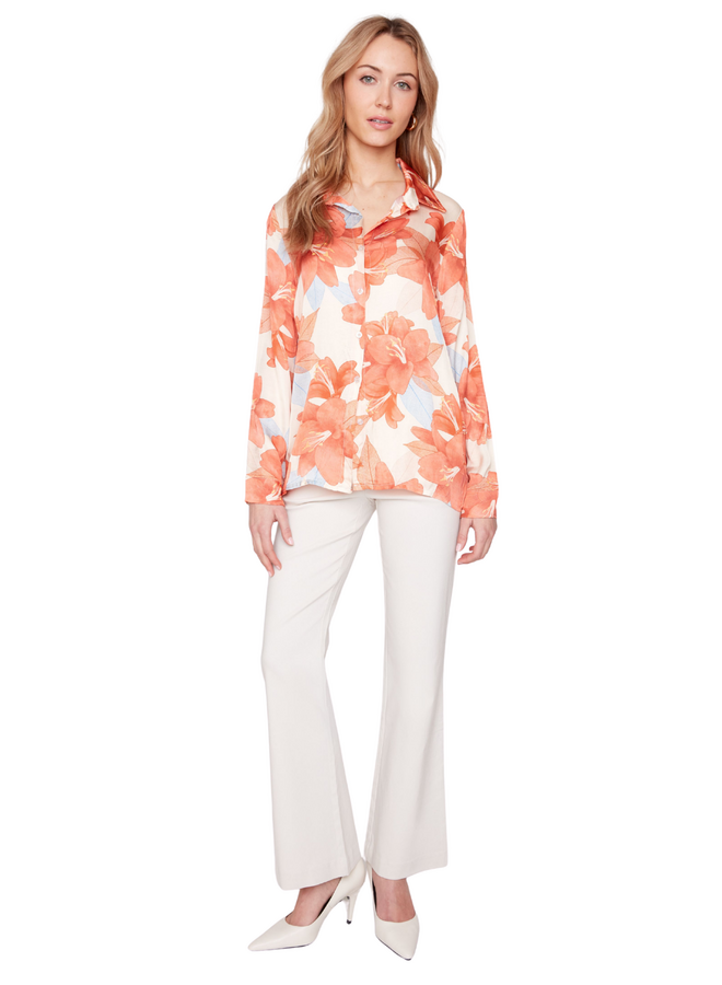 Renuar Lux Satin Floral Blouse in Orange