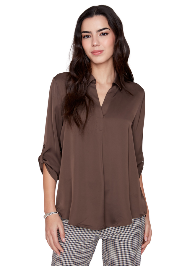 Renuar Lux Silky V-Neck Blouse in Chocolate