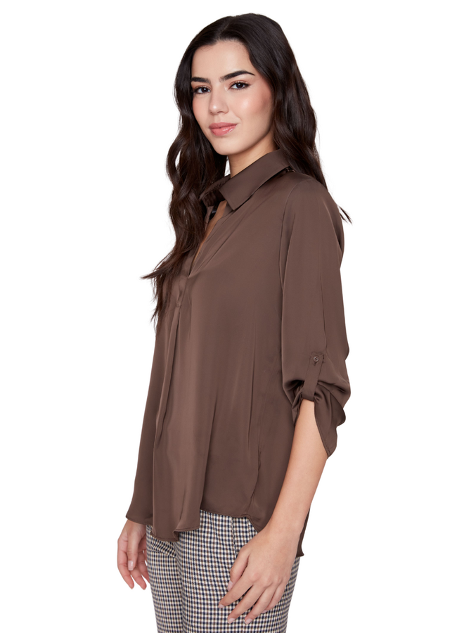 Renuar Lux Silky V-Neck Blouse in Chocolate