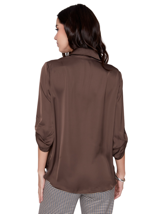 Renuar Lux Silky V-Neck Blouse in Chocolate