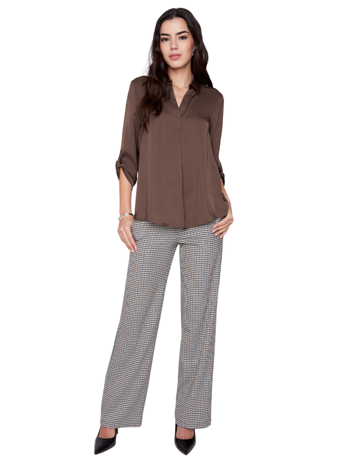 Renuar Lux Silky V-Neck Blouse in Chocolate