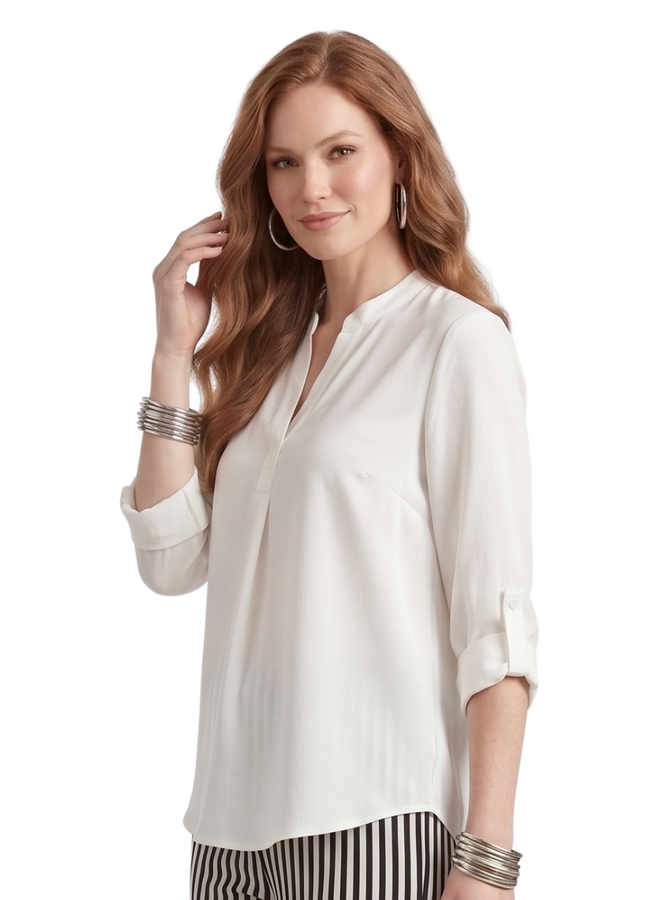 Renuar V-Neck Pebble Blouse in Creme