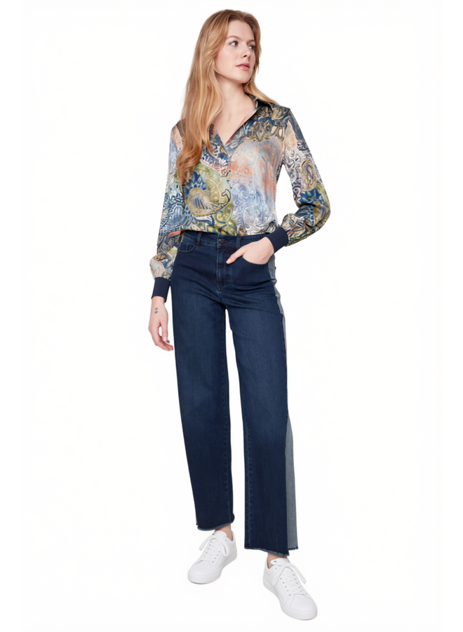 Renuar Wide Leg Fringed Side Panel Jean in Dark Indigo