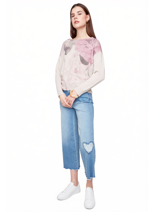 Renuar Cropped Wide Leg Fringed Heart Jean in Blue Wash
