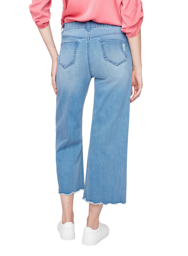 Renuar Cropped Wide Leg Fringed Heart Jean in Blue Wash