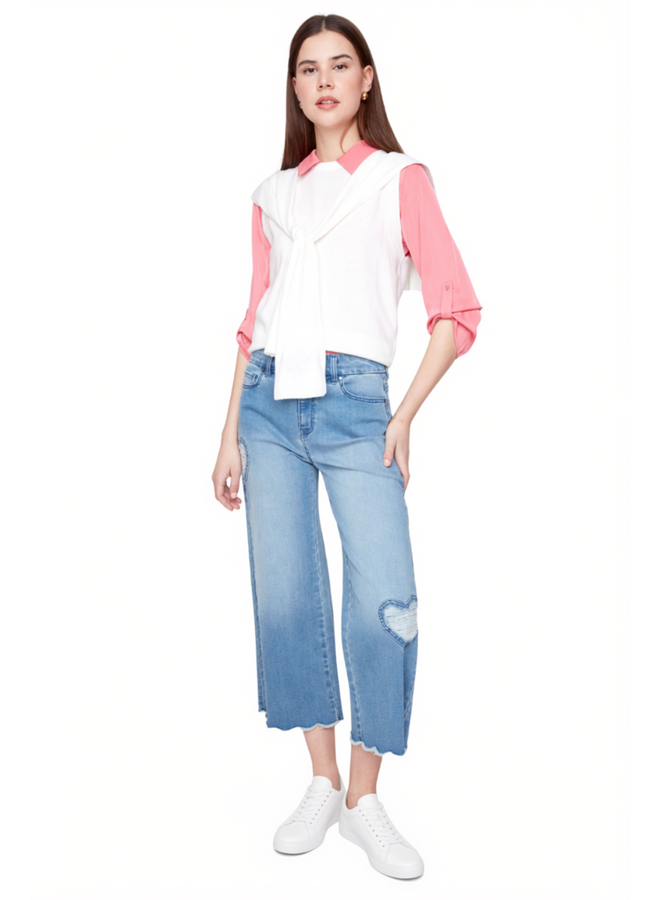 Renuar Cropped Wide Leg Fringed Heart Jean in Blue Wash