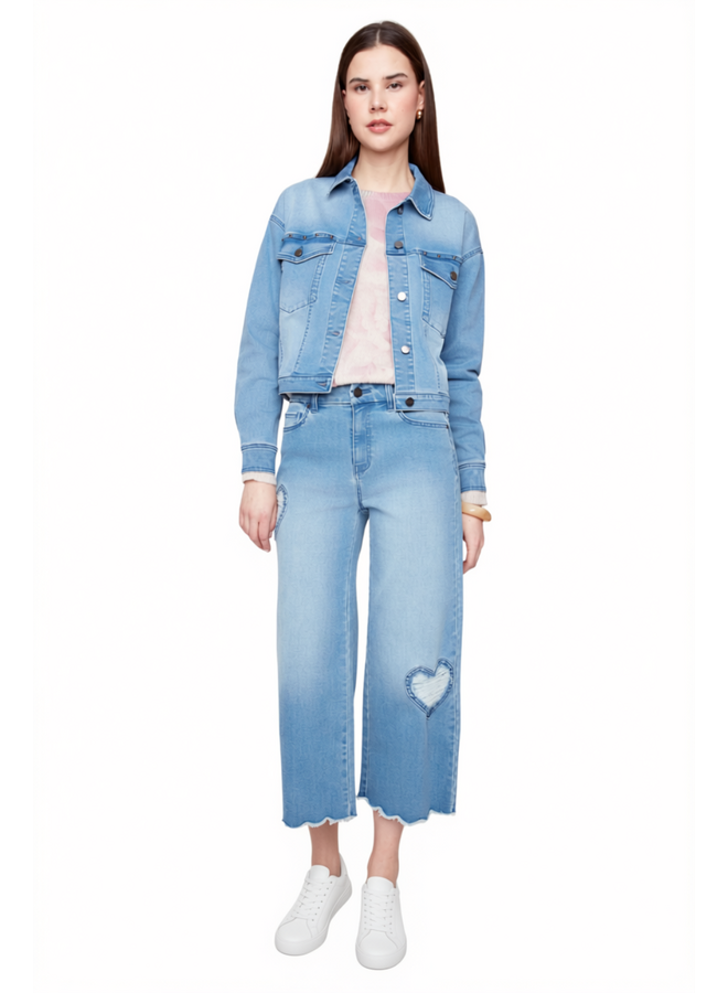 Renuar Cropped Wide Leg Fringed Heart Jean in Blue Wash