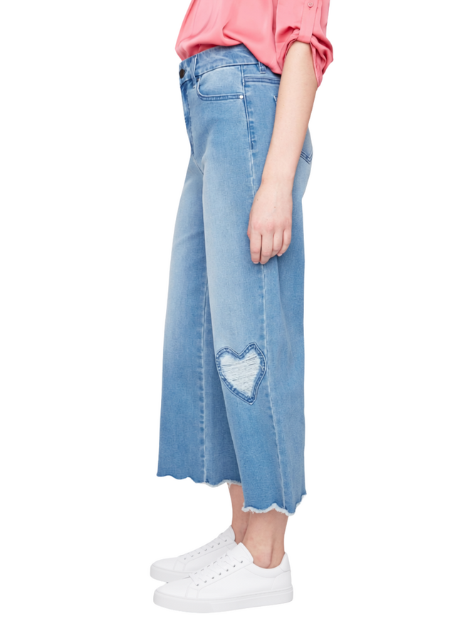 Renuar Cropped Wide Leg Fringed Heart Jean in Blue Wash