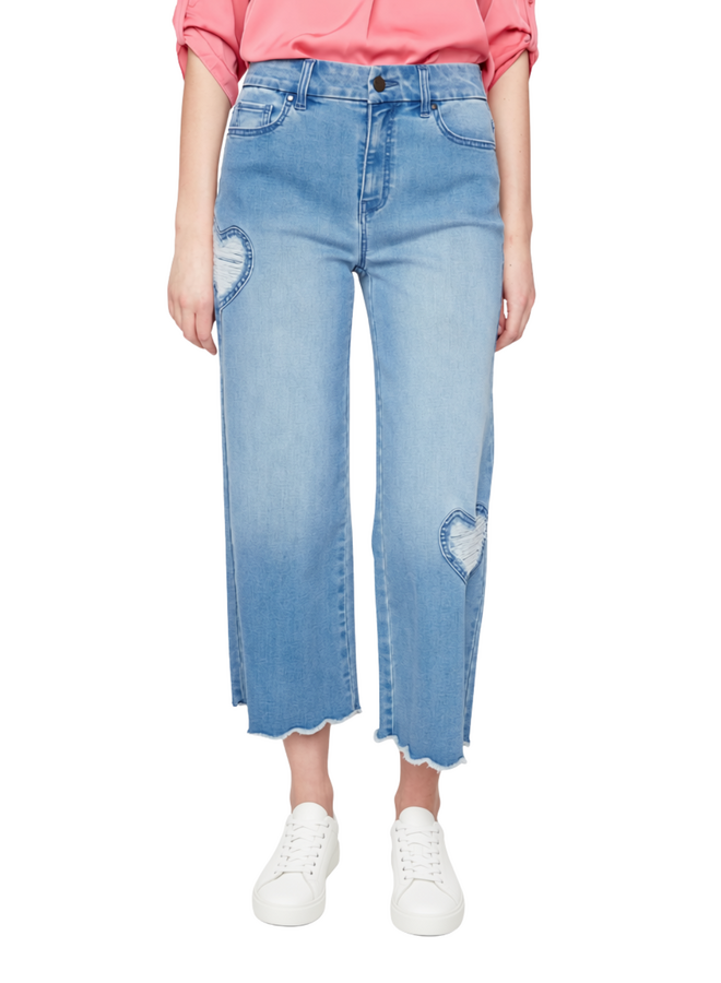 Renuar Cropped Wide Leg Fringed Heart Jean in Blue Wash