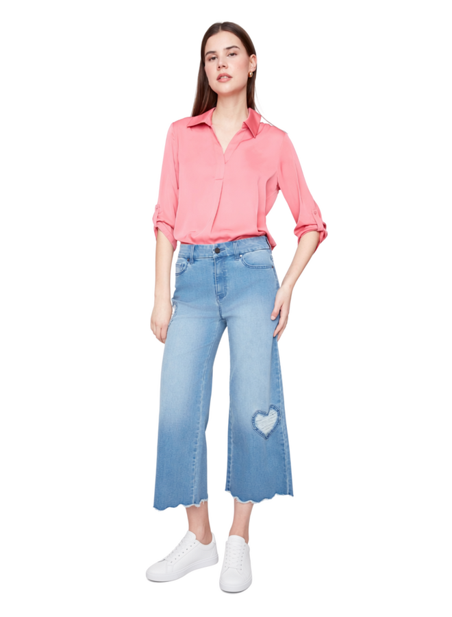 Renuar Cropped Wide Leg Fringed Heart Jean in Blue Wash