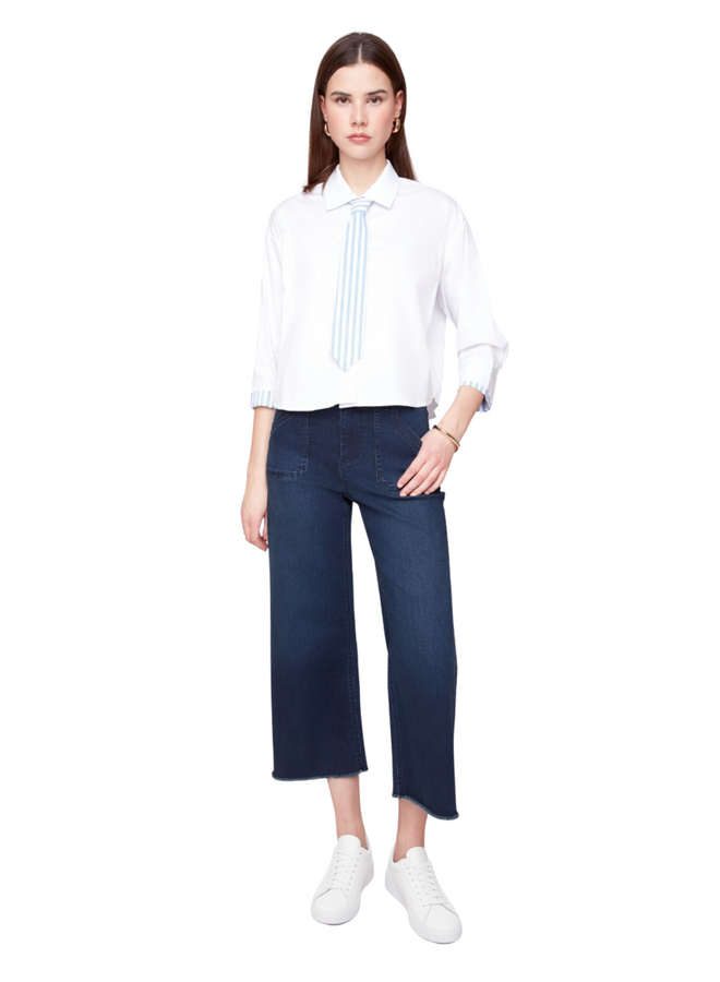 Renuar Fringed Denim Cropped Wide Leg Pant in Dark Indigo