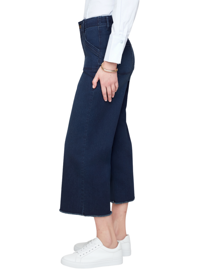 Renuar Fringed Denim Cropped Wide Leg Pant in Dark Indigo