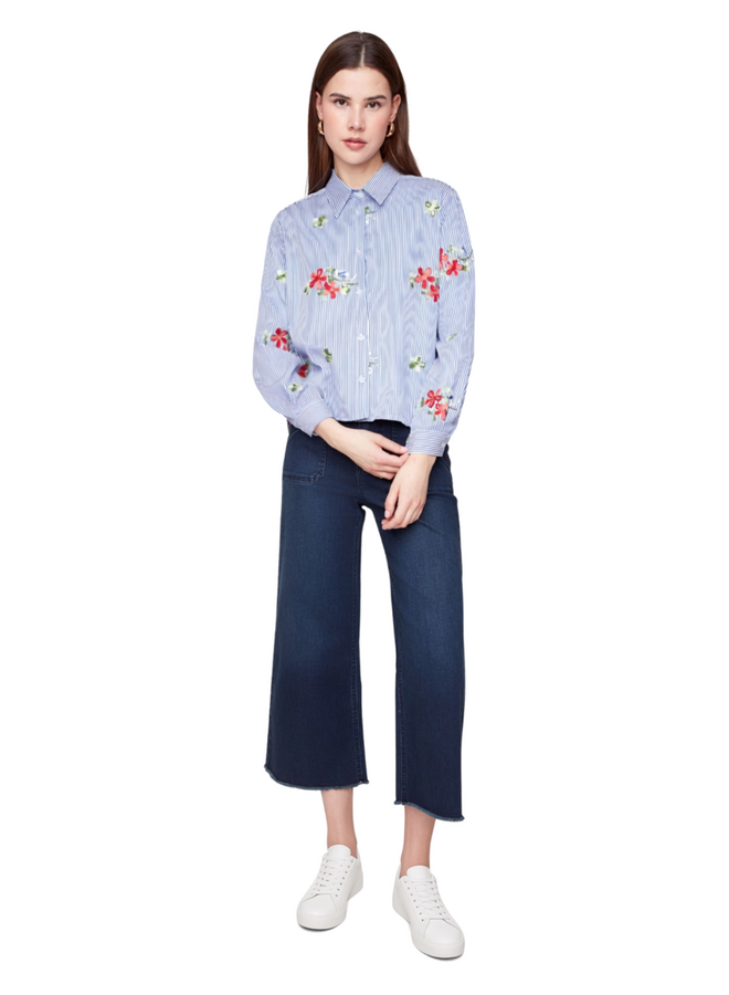 Renuar Fringed Denim Cropped Wide Leg Pant in Dark Indigo