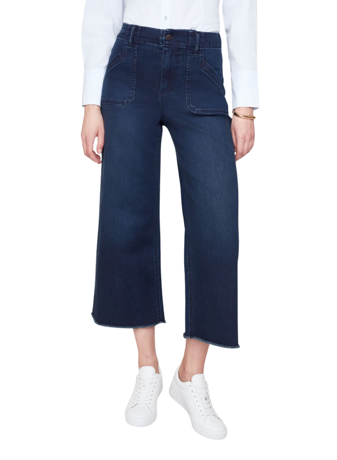 Renuar Fringed Denim Cropped Wide Leg Pant in Dark Indigo