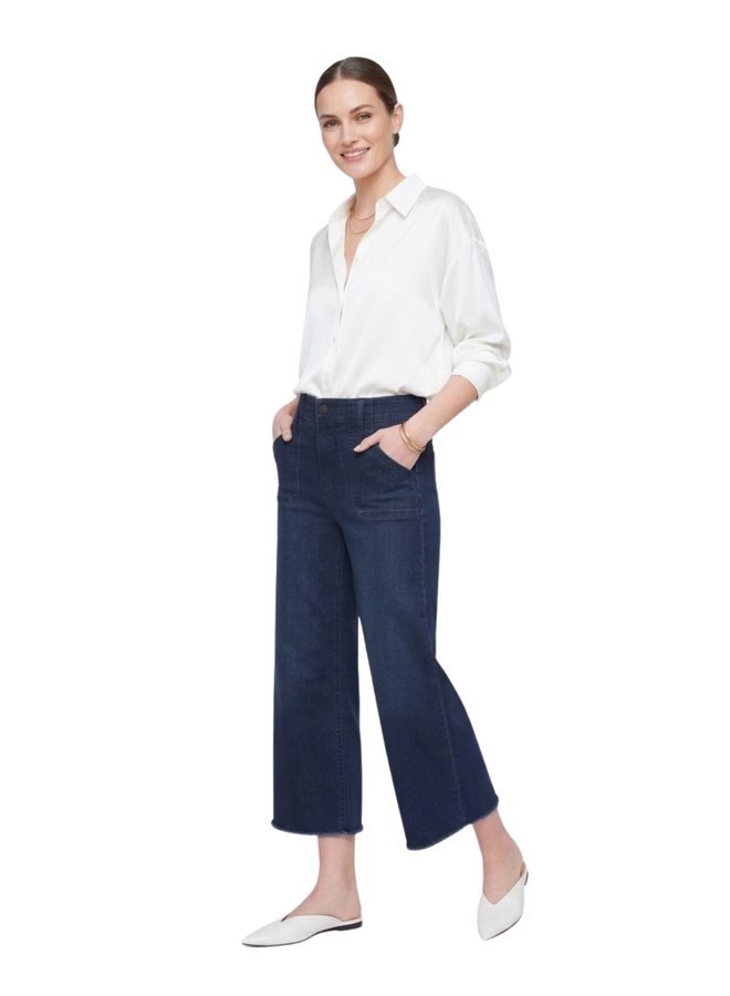 Renuar Fringed Denim Cropped Wide Leg Pant in Dark Indigo