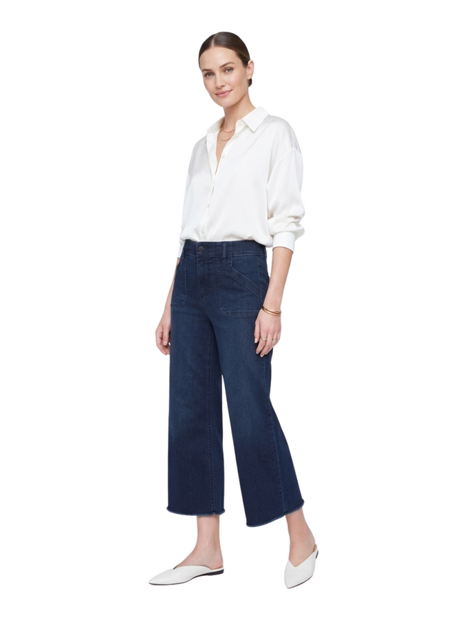 Renuar Fringed Denim Cropped Wide Leg Pant in Dark Indigo