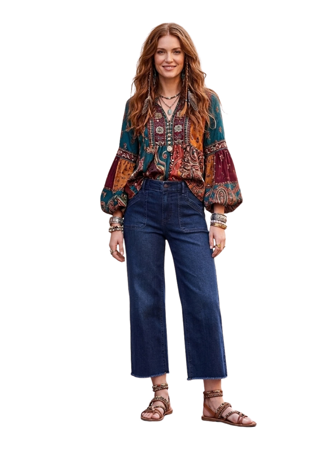 Renuar Fringed Denim Cropped Wide Leg Pant in Dark Indigo