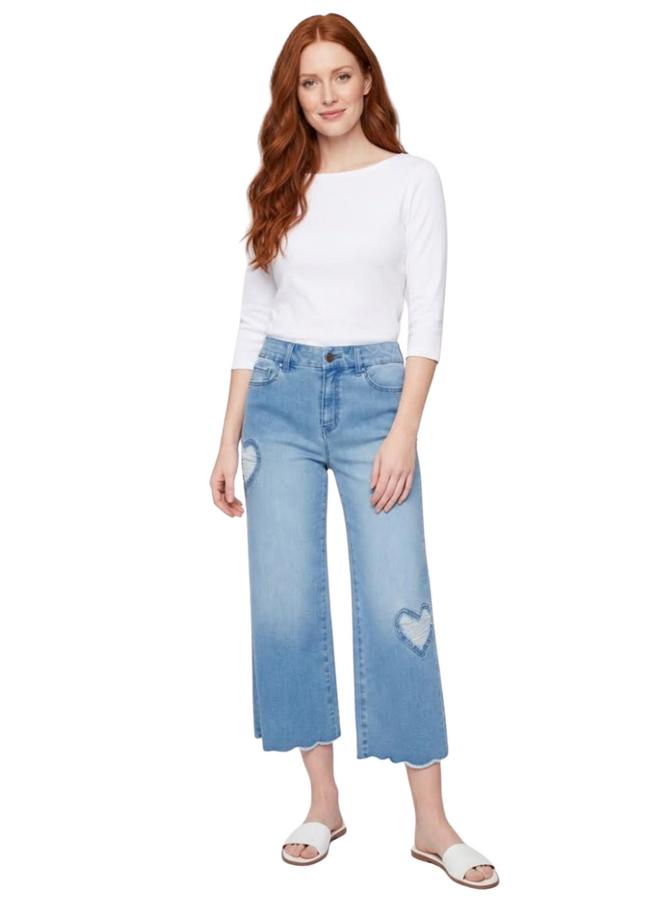 Renuar Cropped Wide Leg Fringed Heart Jean in Blue Wash