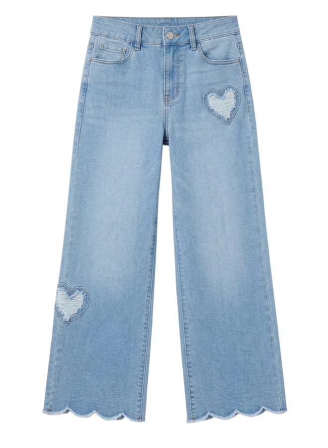 Renuar Cropped Wide Leg Fringed Heart Jean in Blue Wash