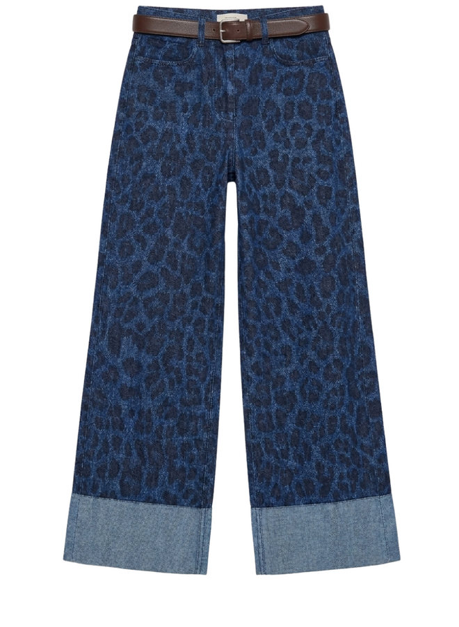 Renuar Leopard Wide Leg Cuff Jeans in Indigo