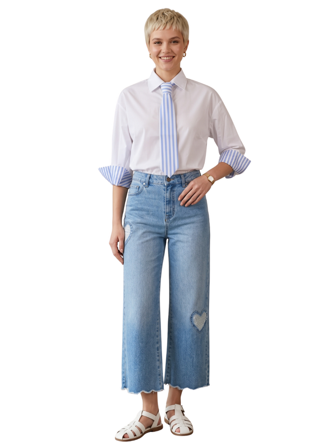 Renuar Cropped Wide Leg Fringed Heart Jean in Blue Wash