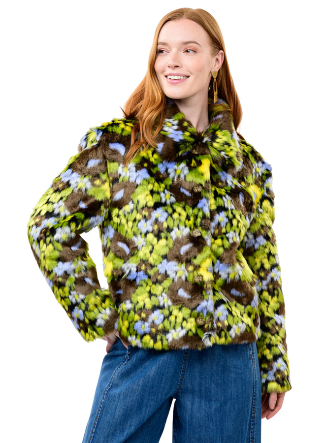 Ivy Jane Floral Faux Fur Coat in Brown