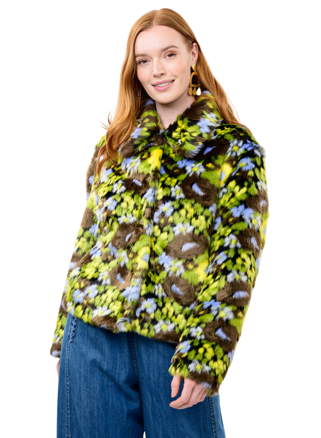 Ivy Jane Floral Faux Fur Coat in Brown