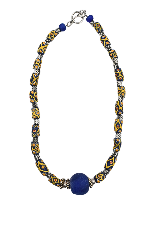 African Bead and Blue Seaglass Necklace