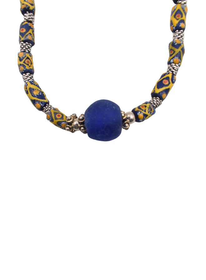African Bead and Blue Seaglass Necklace