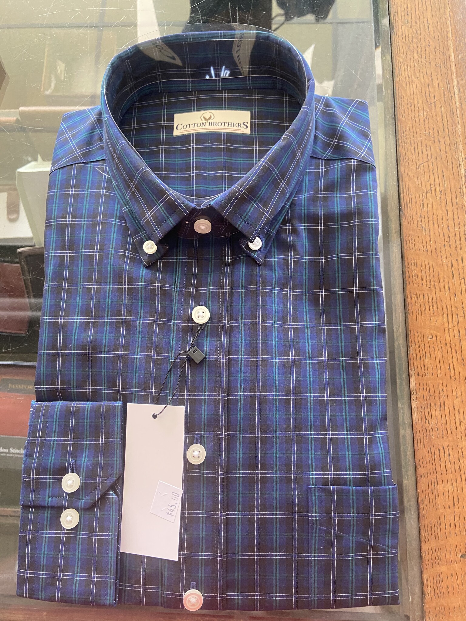 Cotton Brothers Navy/Green/White Plaid LSBD SHIRT LG
